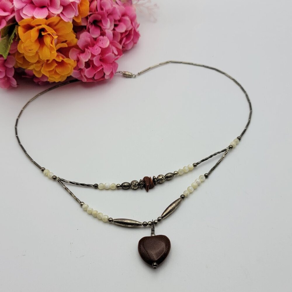 Vintage Red Goldstone Heart Necklace 19 In Balamuti Mother Of Pearl Silver Tone